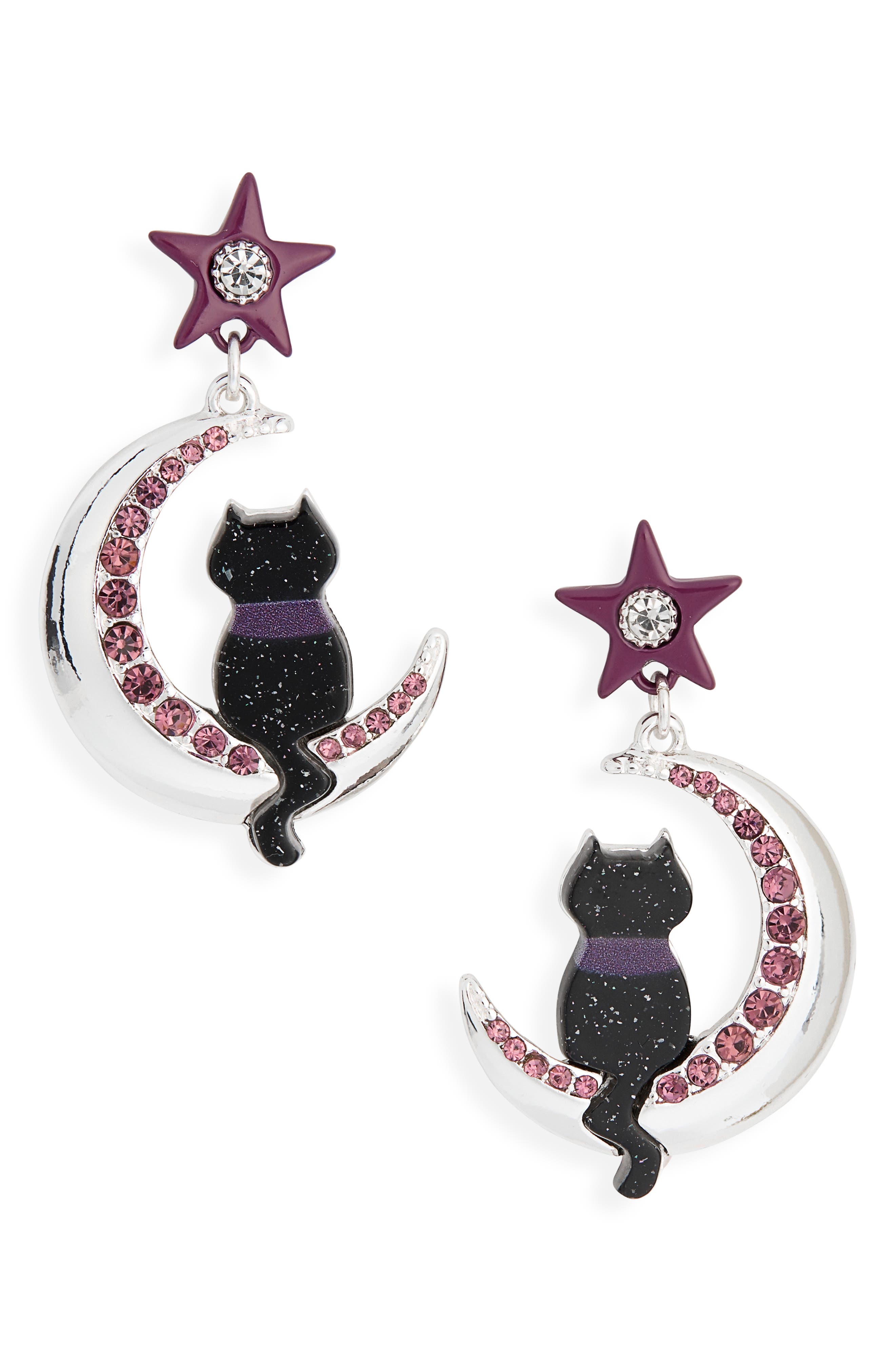 Leith Halloween Black Cat Dropped Earrings In Black Multi- Silver