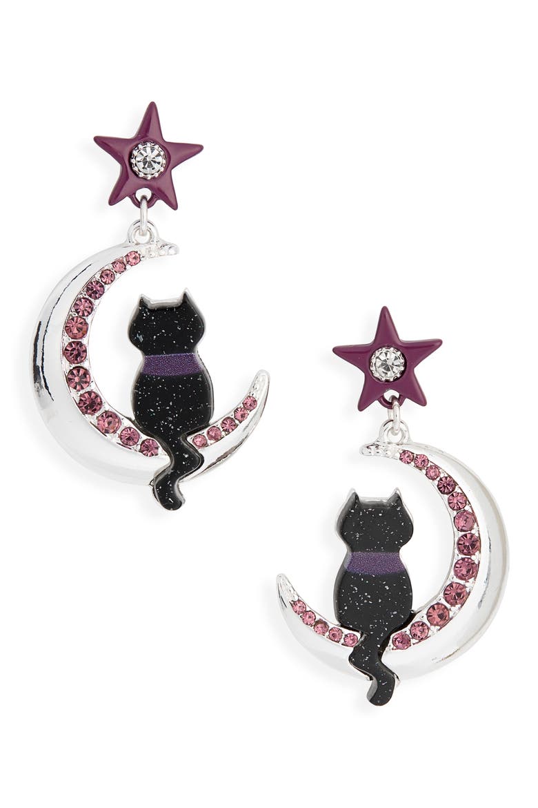 Halloween Black Cat Dropped Earrings, Main, color, BLACK MULTI- SILVER