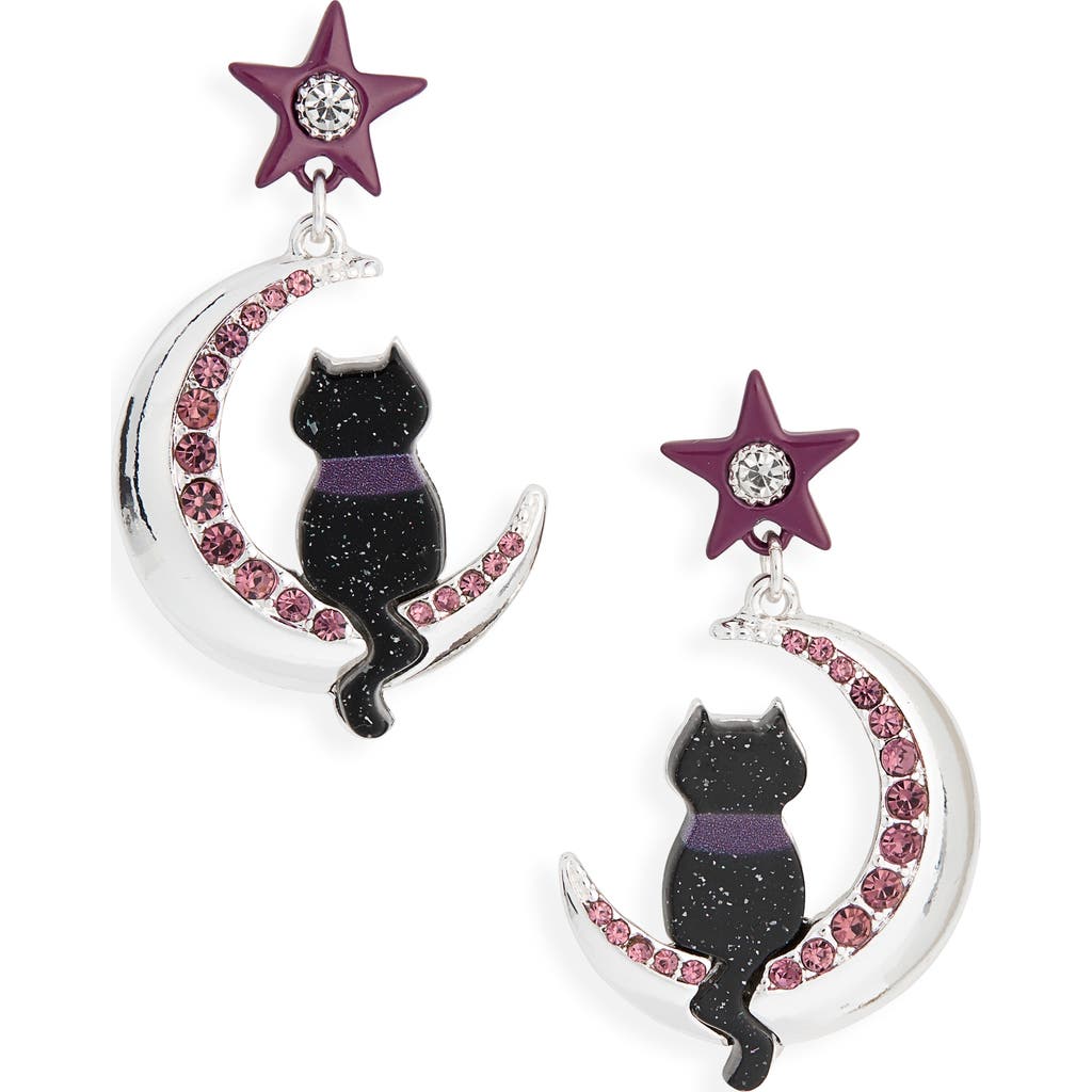 Leith Halloween Black Cat Dropped Earrings In Black Multi- Silver