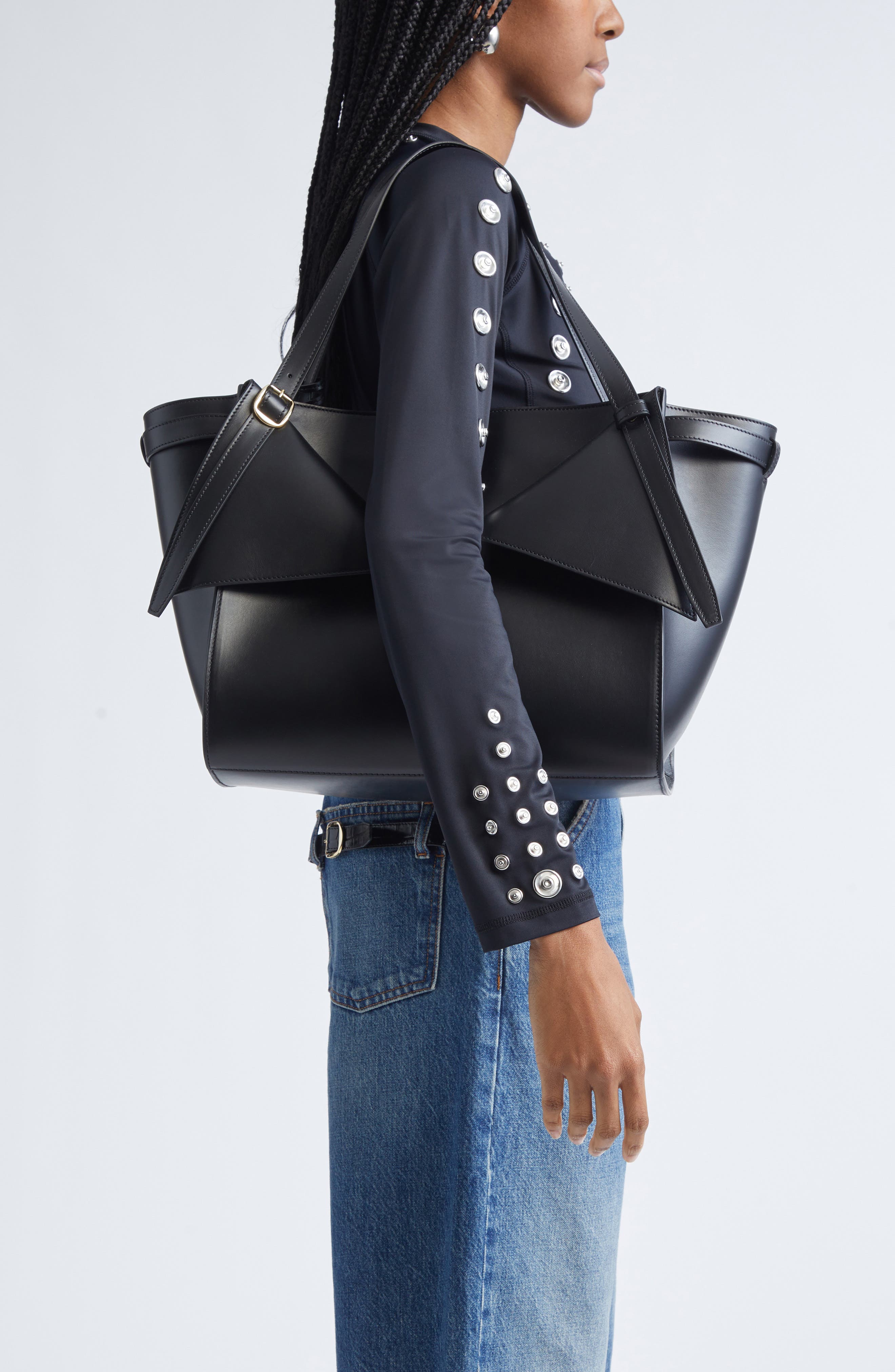 Coperni Belt Cabas Leather Tote, Alternate, color, Black/ Black