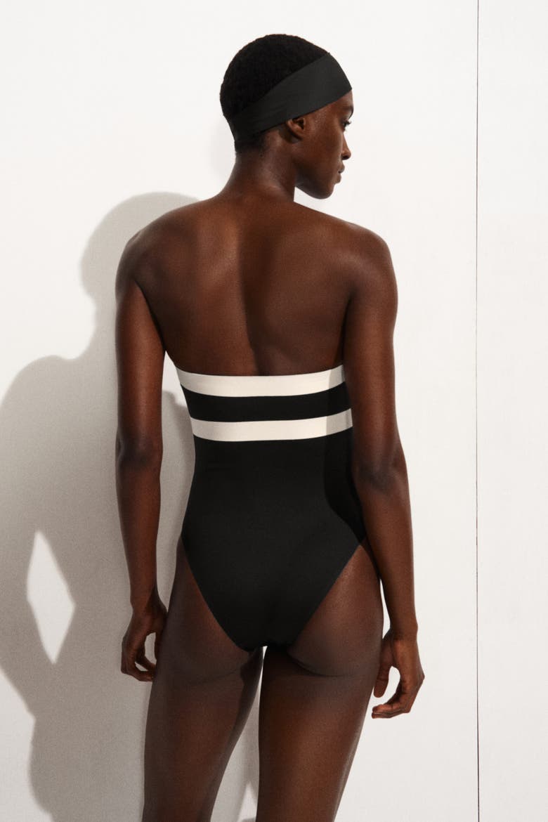 Colour-block Scuba Knit Bandeau Swimsuit, Alternate, color, BLACK / CREAM