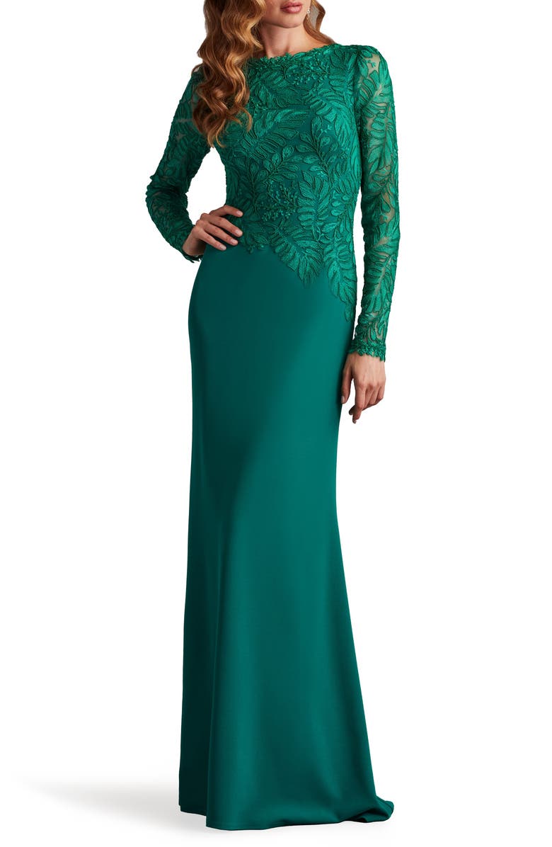 Tadashi Shoji Embroidered Leaf Print Long Sleeve Gown, Alternate, color, Emerald