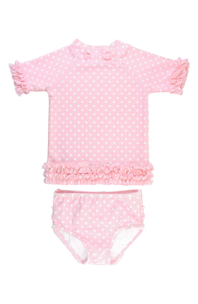 RuffleButts Pink Polka Dot Ruffle Two-Piece Rashguard Swimsuit, Main, color,