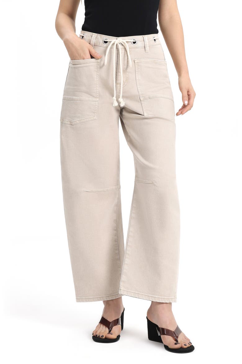 High Waist Drawstring Barrel Leg Jeans, Alternate, color, LIGHT KHAKI