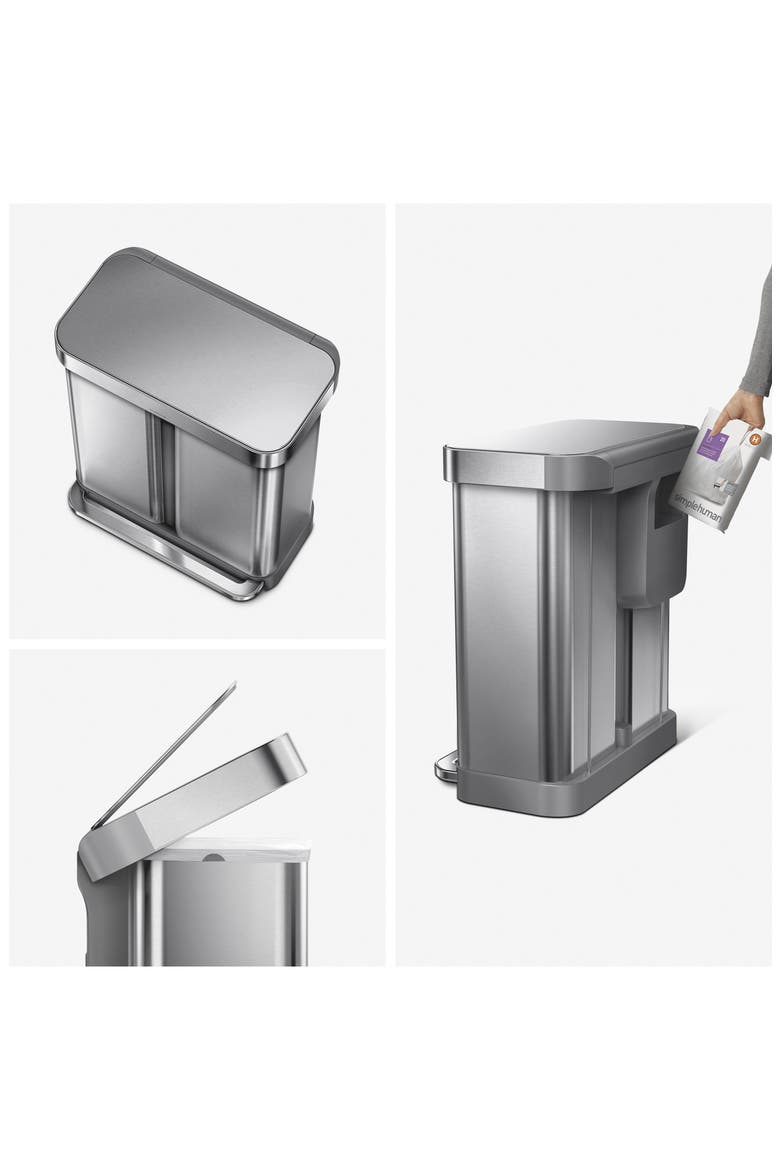 58L Dual Compartment Rectangular Step Trash Can, Alternate, color, BRUSHED