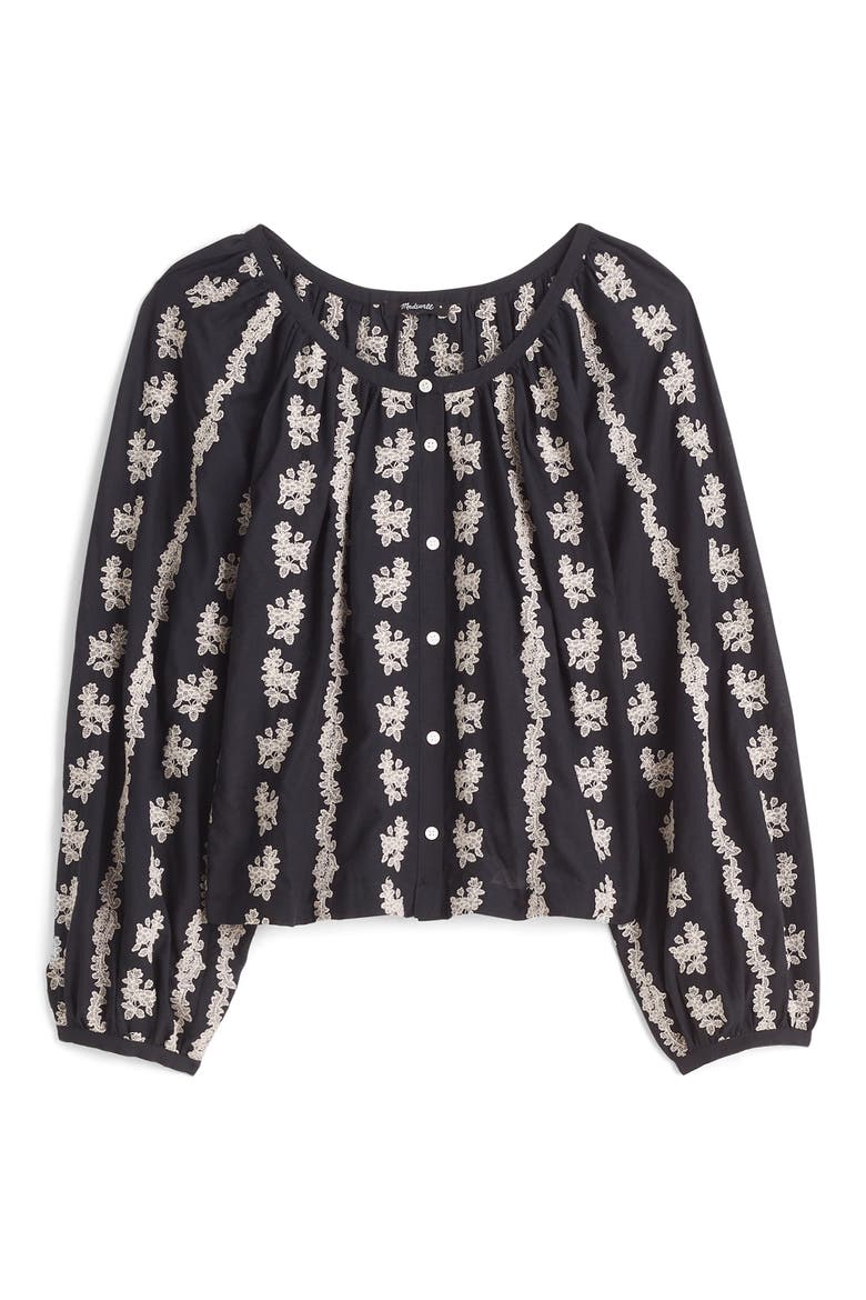 Embroidered Puff Sleeve A-Line Top, Alternate, color, TRUE BLACK