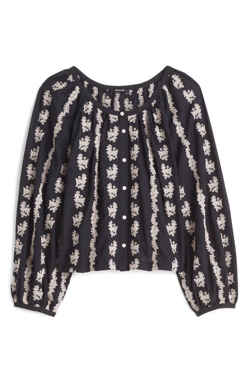 Madewell Embroidered Puff Sleeve A-line Top In True Black