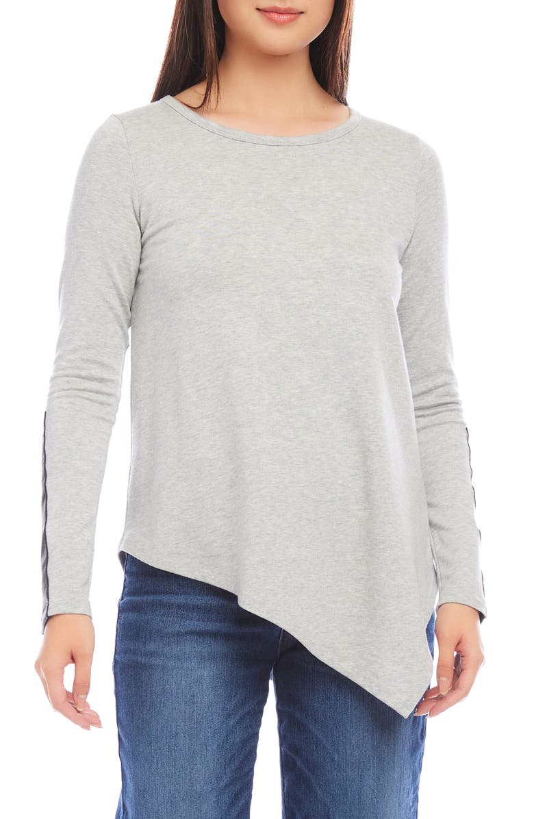 Karen Kane Faux Leather Trim Long Sleeve Asymmetric Top, Main, color, Heather