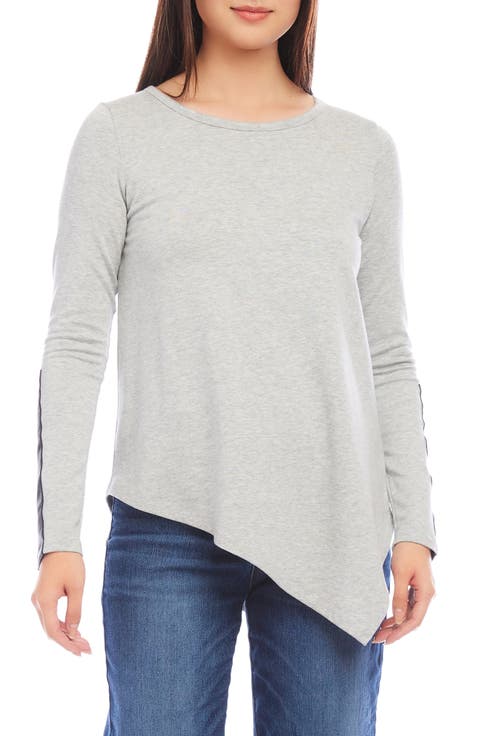 Faux Leather Trim Long Sleeve Asymmetric Top