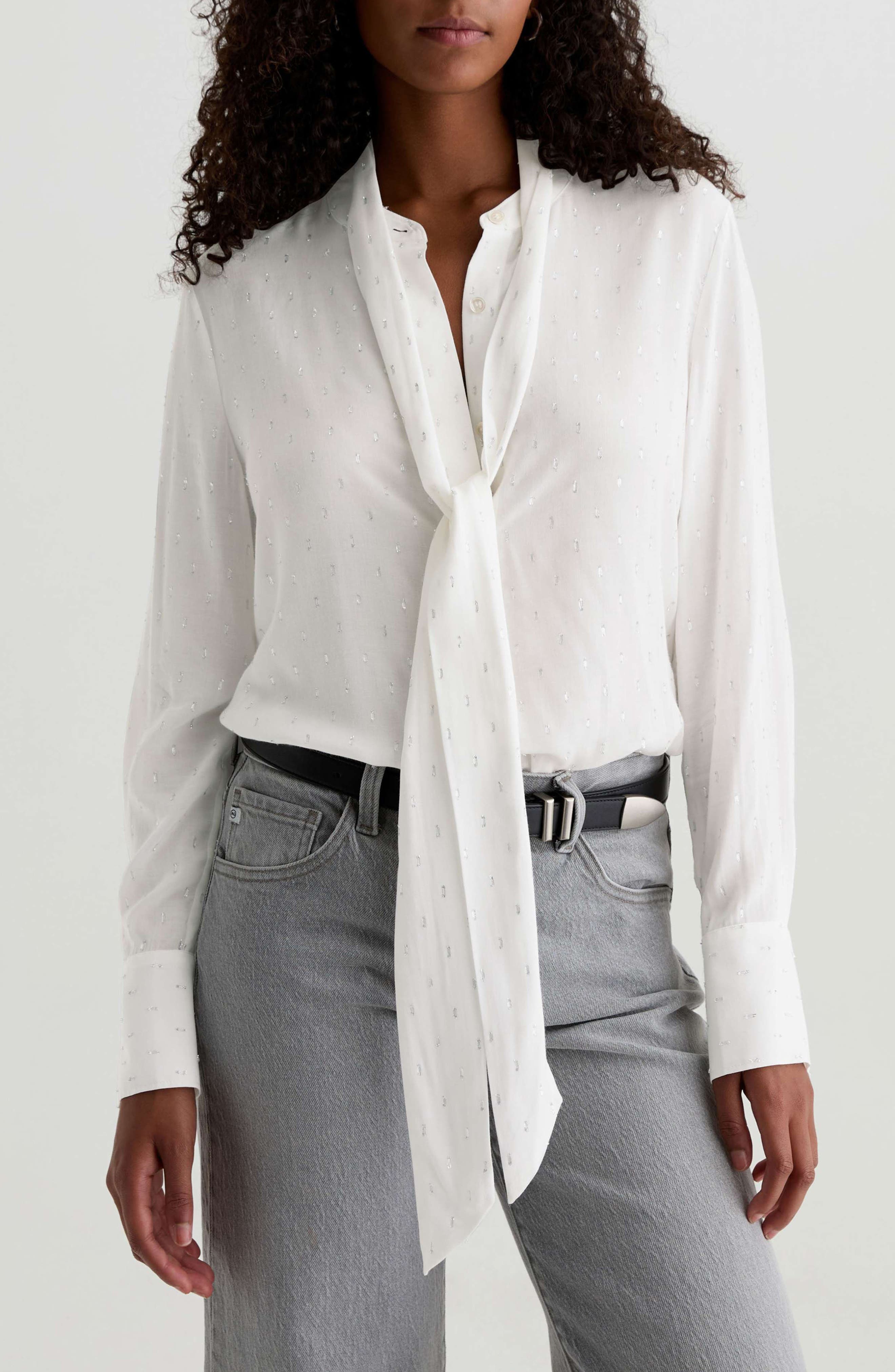 Lora Metallic Tie Neck Button-Up Shirt