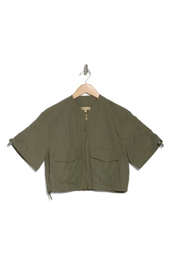 Democracy Cinched Tie Short Sleeve Bomber Jacket In Lily Pad