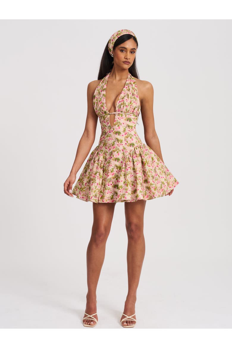Mackenzie Floral Print Halter Linen Mini Dress, Alternate, color, Pink and green floral print