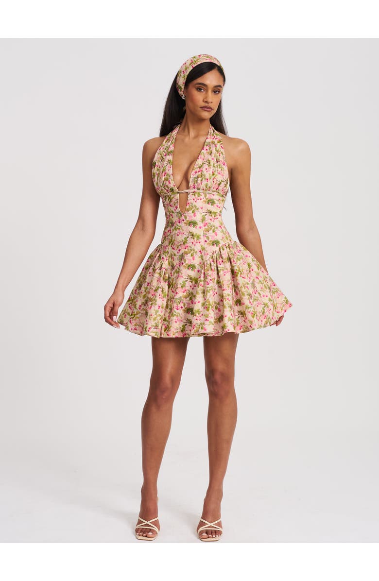 Miss Circle Mackenzie Floral Print Halter Linen Mini Dress, Alternate, color, Pink And Green Floral Print