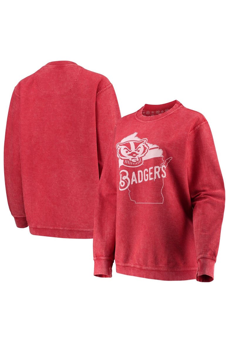 Women's Pressbox Red Wisconsin Badgers Comfy Cord Corduroy Crewneck Sweatshirt, Alternate, color, Red