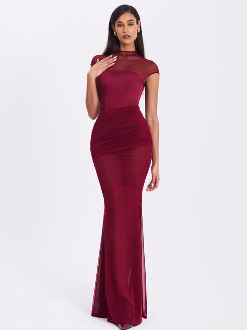 Miss Circle Fabienne Mesh Cap Sleeve Mermaid Gown In Burgundy