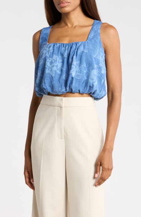 Ellen Tracy Floral Jacquard Bubble Hem Crop Tank