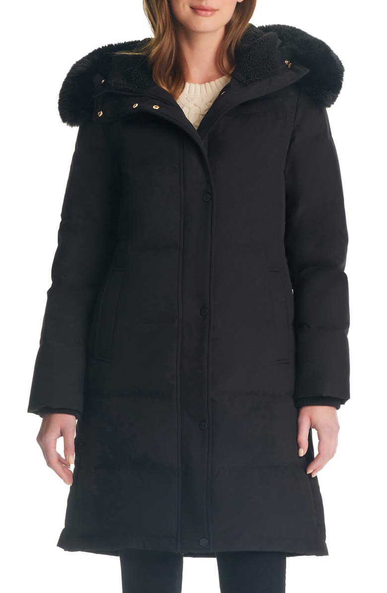 Kate Spade New York Longline Quilted Parka with Faux Fur Trim, Main, color,