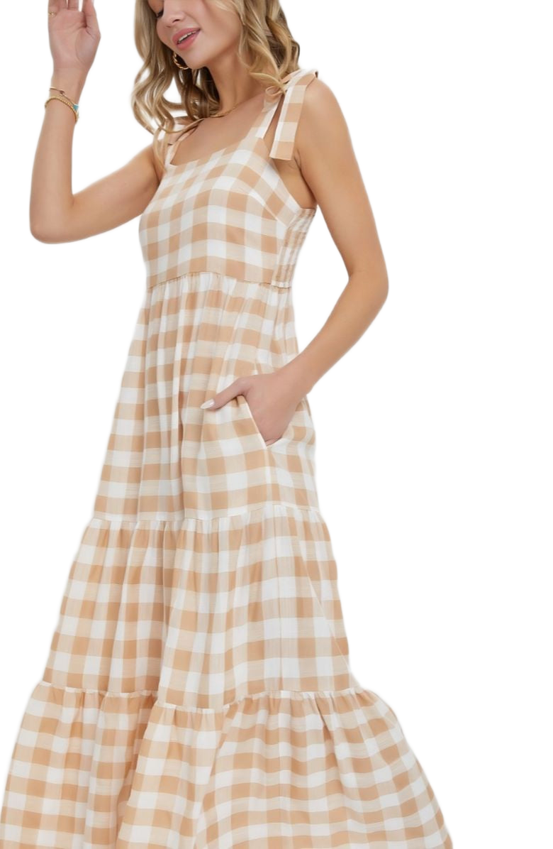 Knit and Lounge Gingham Tiered Maxi Dress with Tie Straps, Alternate, color, 