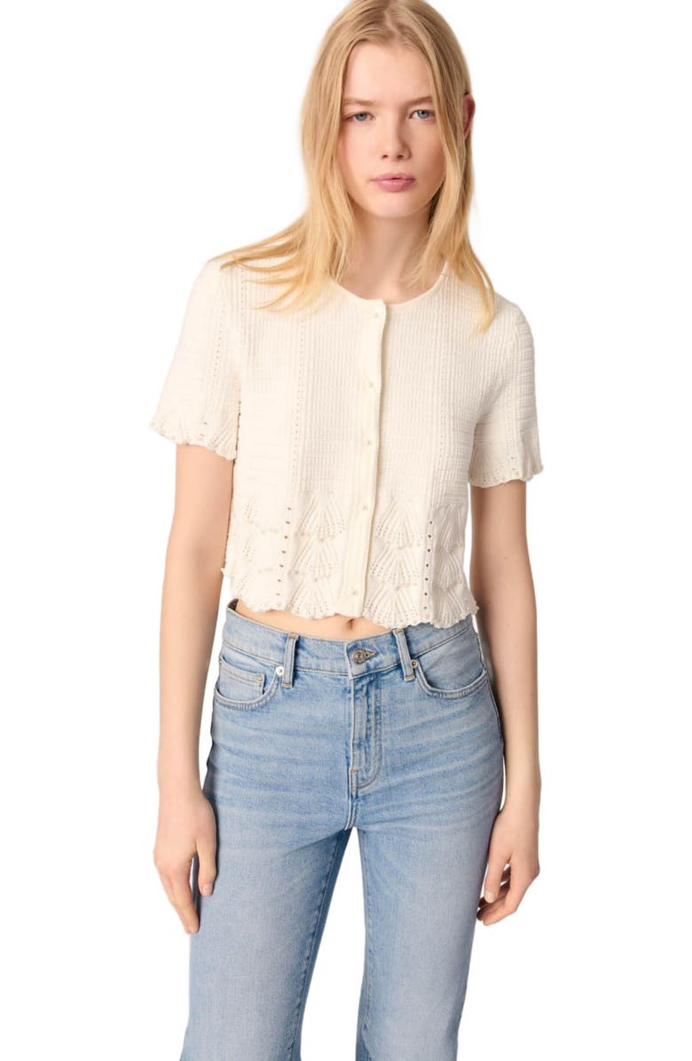 maje Pointelle knit short sleeve cardigan, Alternate, color, White