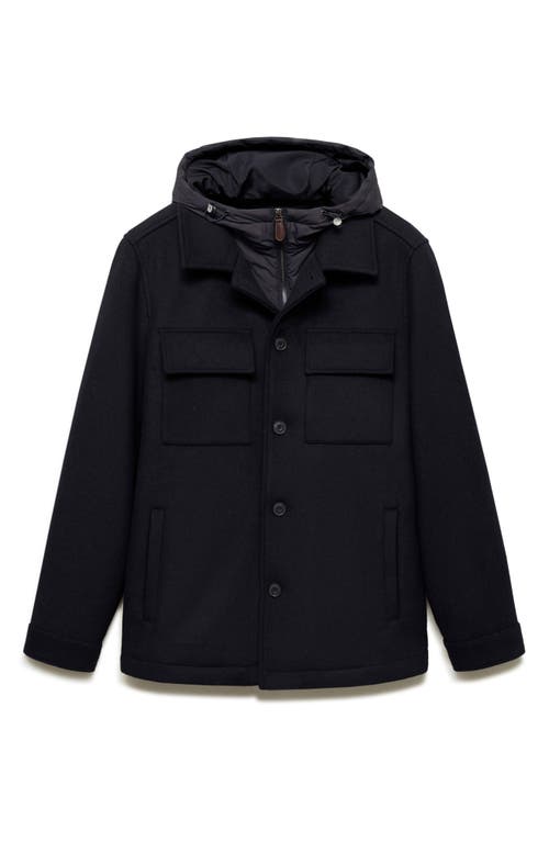 Mango Wool Blend Coat With Removable Hood In Dark Navy