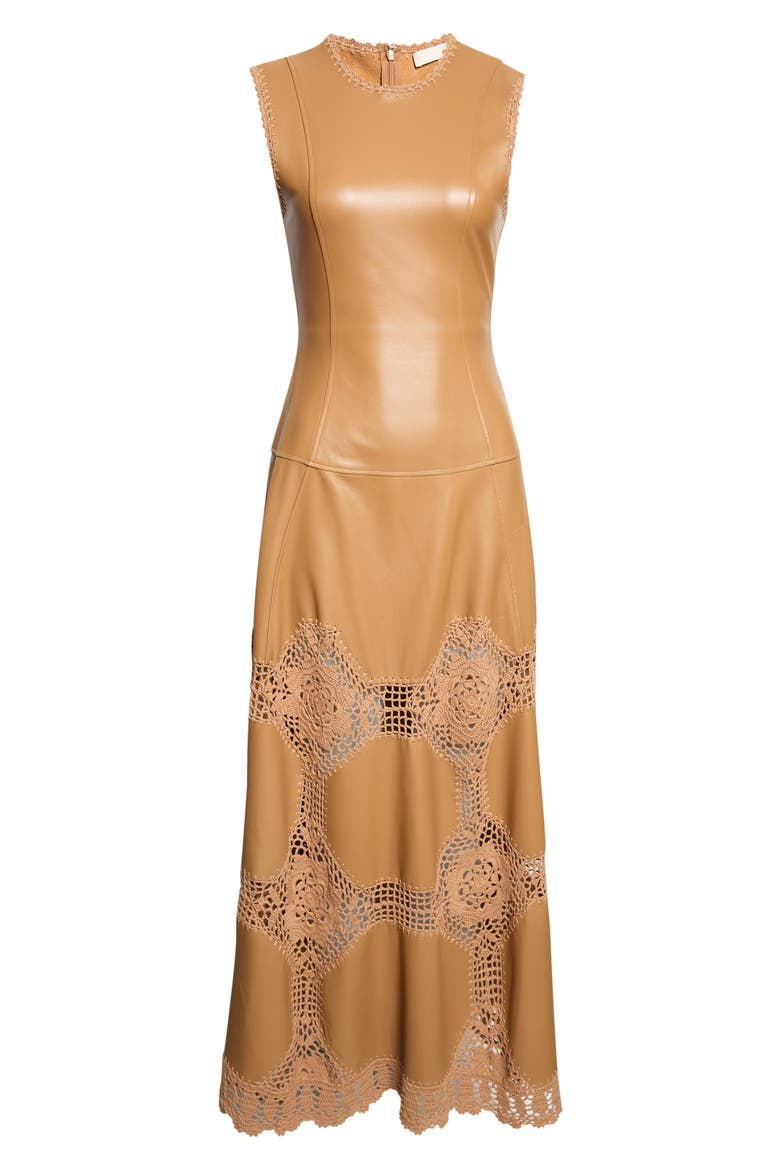 Ilana Crochet Leather Dress, Alternate, color, CAMEL