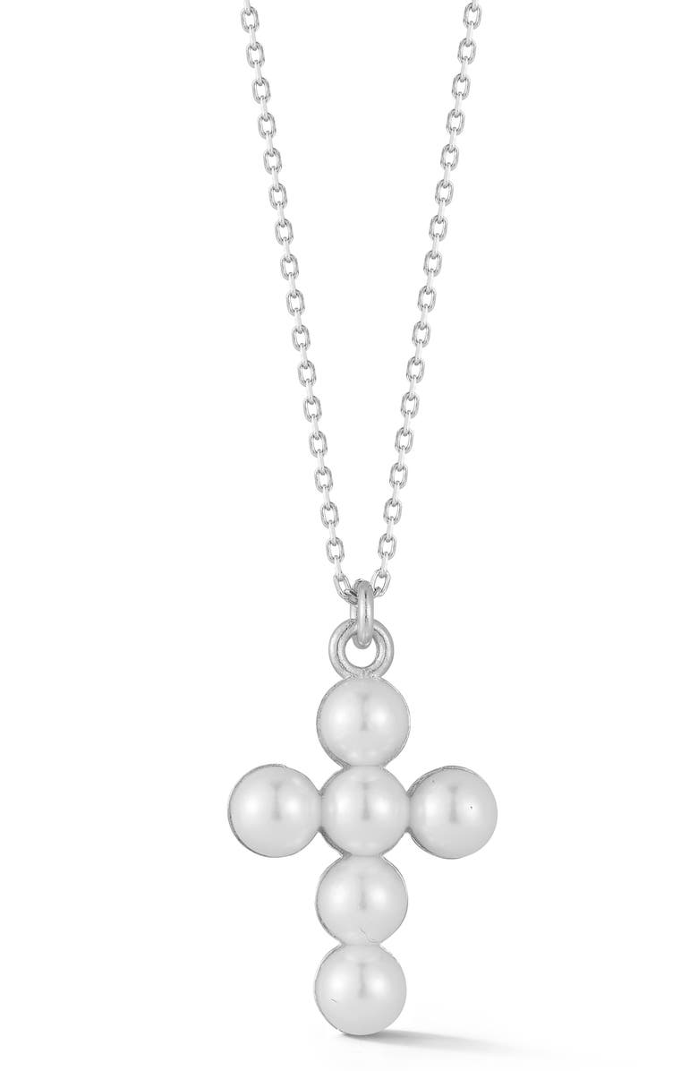 GLAZE JEWELRY Pearl Cross Pendant Necklace, Main, color, Silver