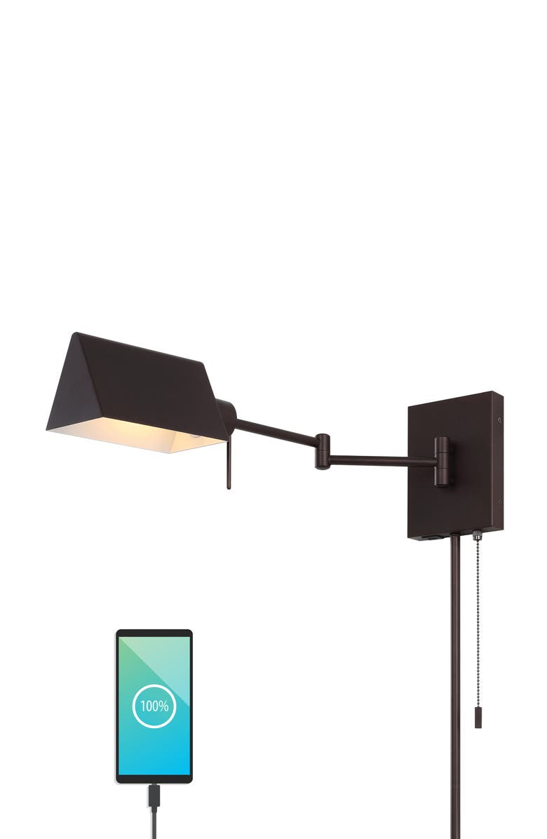 JONATHAN Y Arlo 1-Light Farmhouse Industrial Single Swing Arm Plug-In or Hardwired Iron LED Wall Sconce with Pull-Chain USB Charging Port, Main, color, 