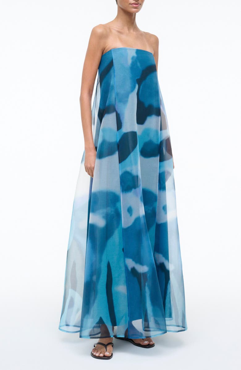 STAUD Allyson Abstract Print Strapless Dress, Alternate, color, Blue Haze