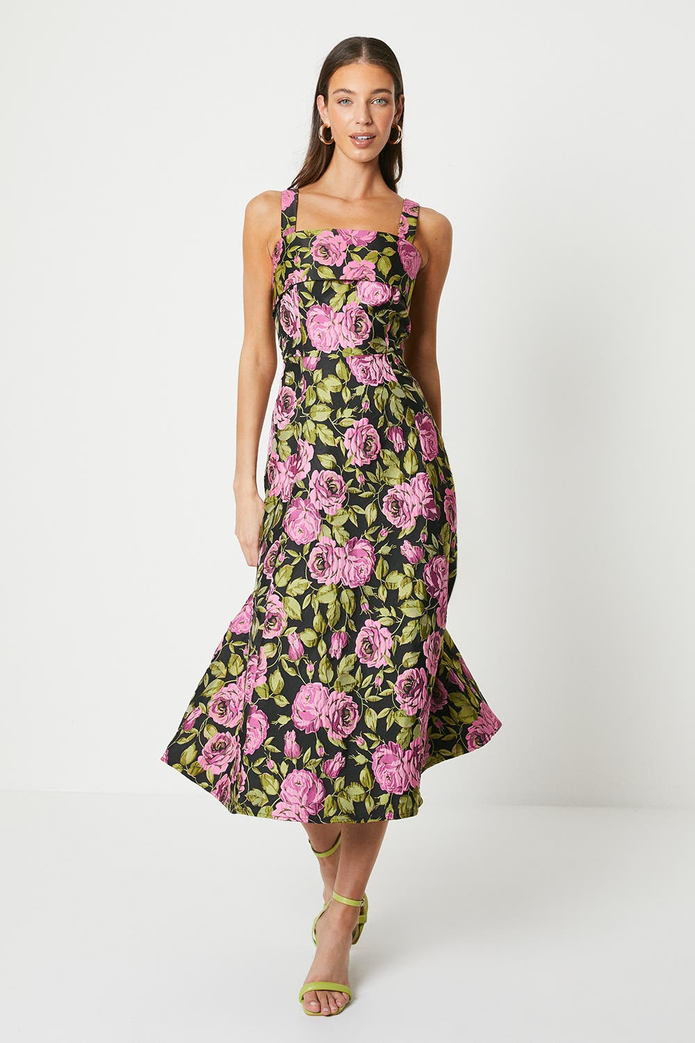 Wide Strap Jacquard Midi Dress