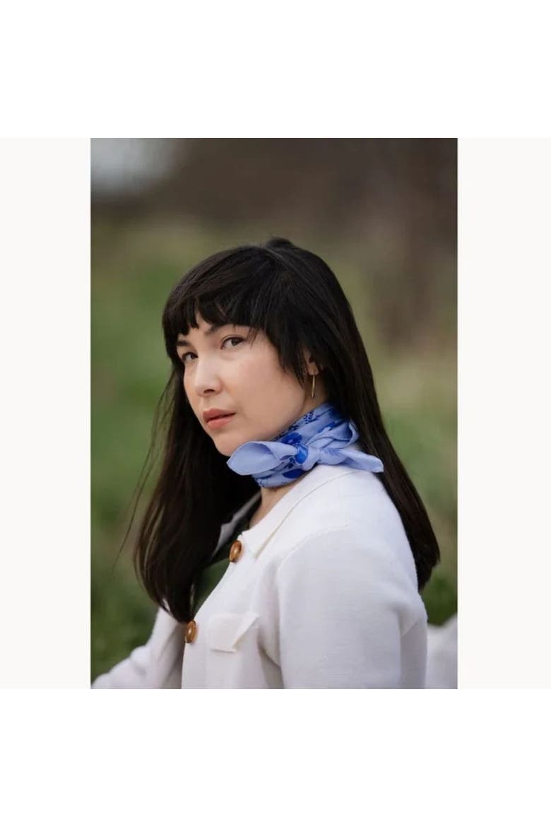 100% Silk Scarf Zephyr - Blue Floral Bird Pattern, Alternate, color, 35 x 35"