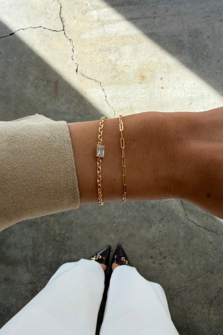 Bezel Stone and Paperclip 14k Gold filled Bracelet Two Stack, Alternate, color, Gold