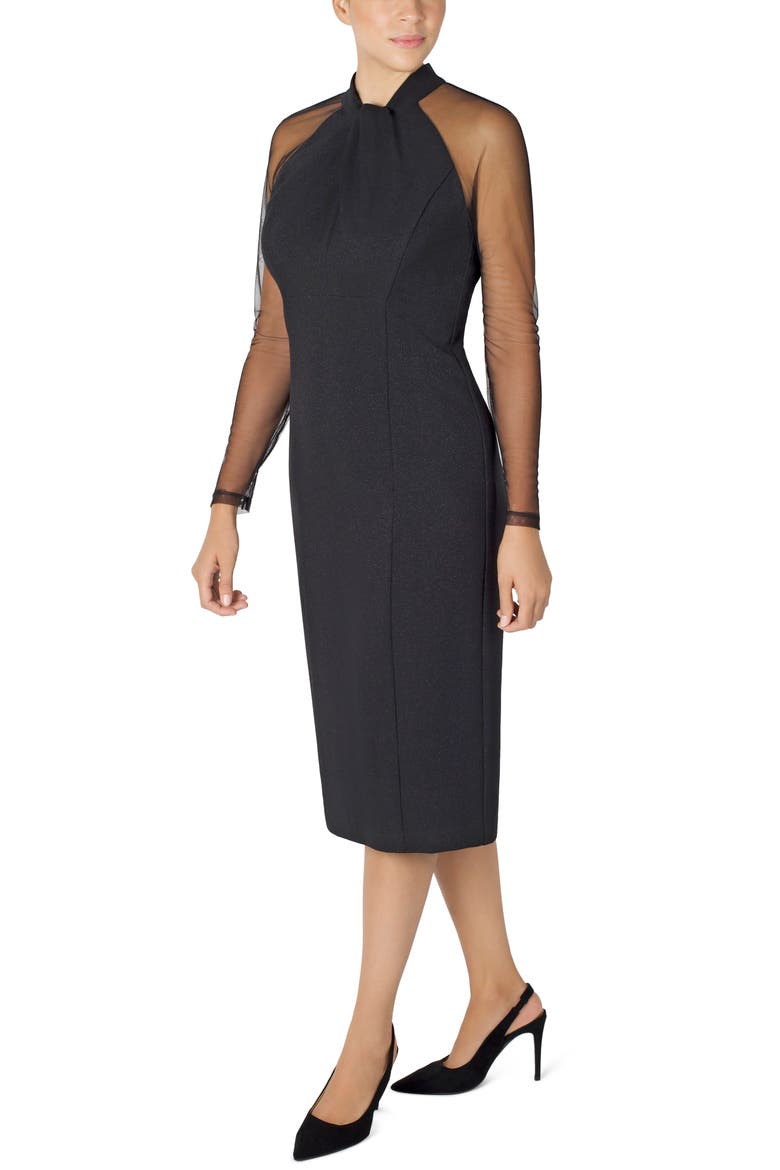 Twist Neck Illusion Long Sleeve Midi Dress, Alternate, color, BLACK