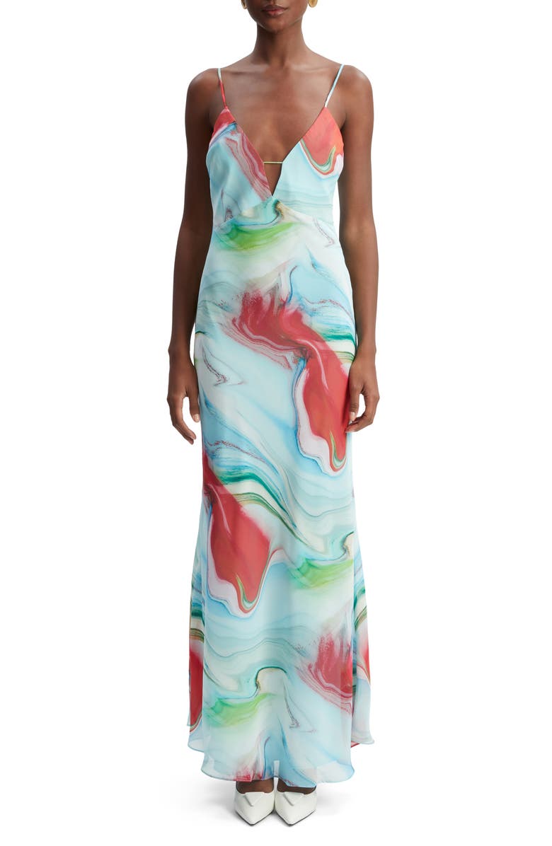 Bardot Suri Plunge Maxi Slipdress, Main, color, Blue Tie Dye