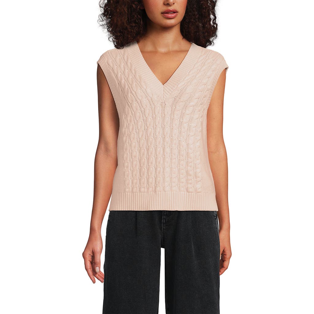 Lands' End Drifter Modern Cable V Neck Vest Sweater In White