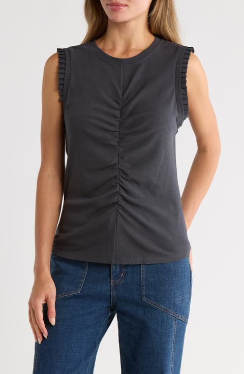 Ruched Rib Mixed Media Knit Top