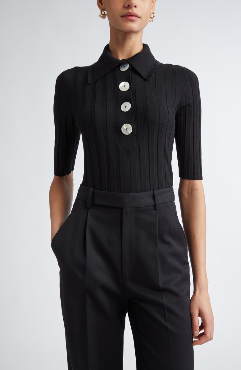 NACKIYÈ Sugarman Rib Merino Wool Polo Sweater, Main, color, Noir