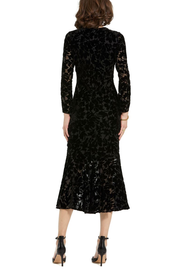Burnout Velvet Long Sleeve Ruffle Hem Midi Dress, Alternate, color, Black