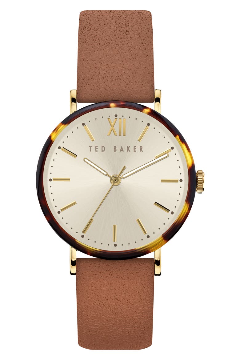 Phylipa Leather Strap Watch, 37mm, Main, color, TAN/ CREAM/ TORTOISE