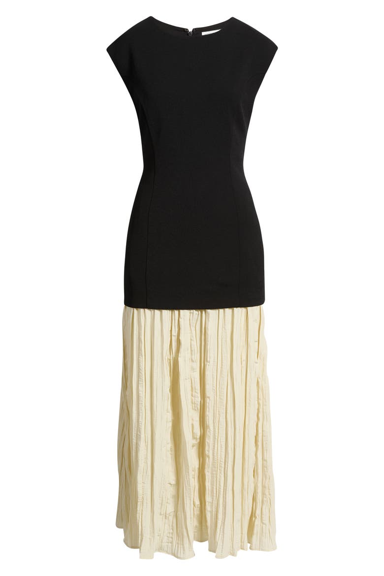Mixed Media Pleated Dress, Alternate, color, BLACK-BEIGE PORCELAIN