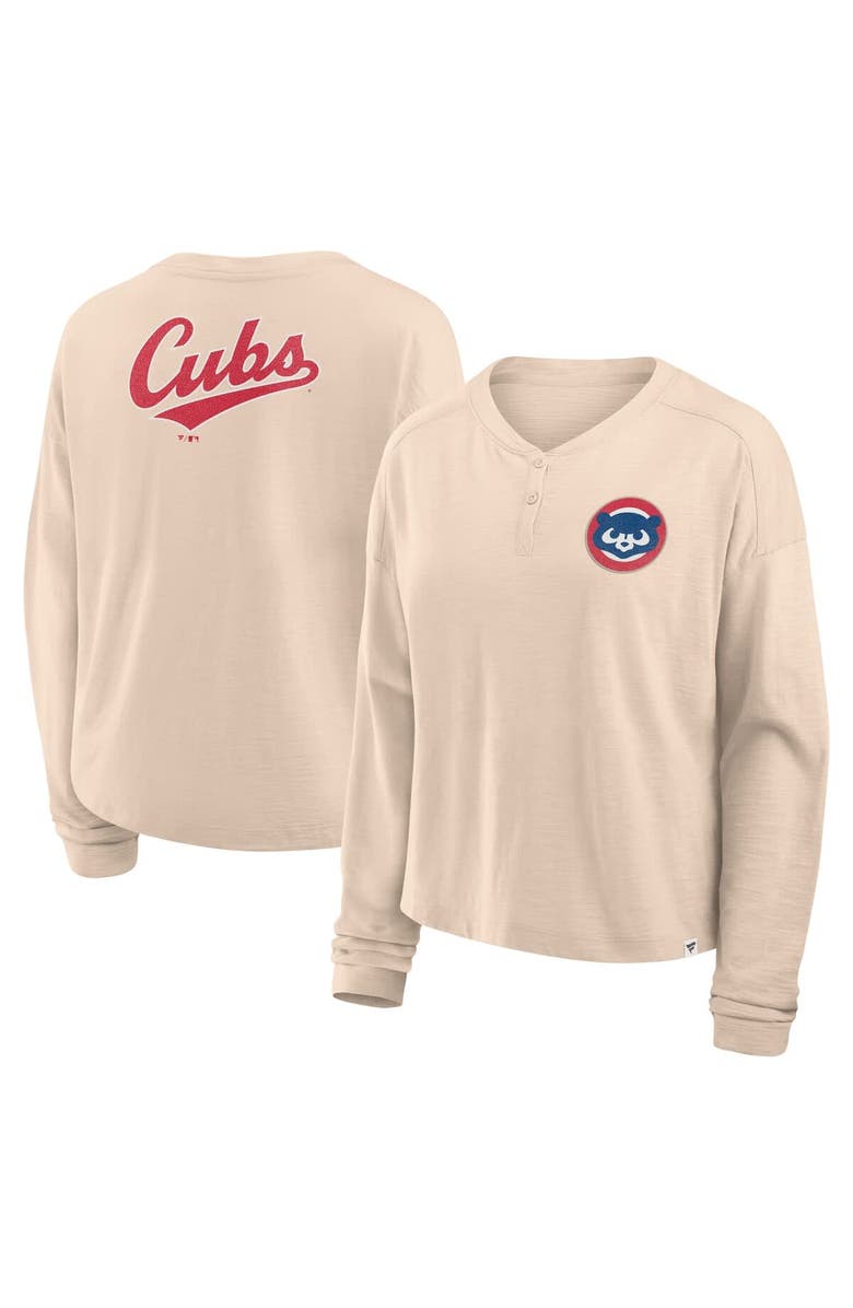 FANATICS Women's Fanatics Tan Chicago Cubs Oversized Stadium Slub Long Sleeve Henley T-Shirt, Main, color, 