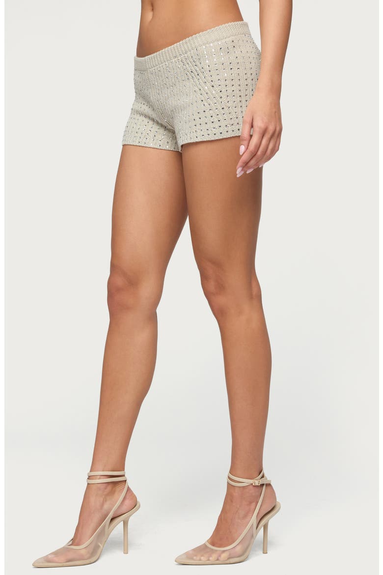 Mackenzie Rhinestone Cotton Knit Shorts, Alternate, color, BEIGE