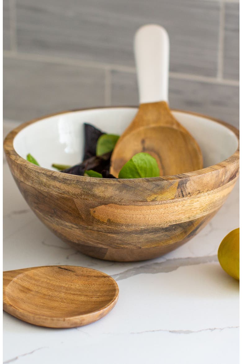 Wood + White Collection Medium Salad Bowl & Servers Set, Alternate, color, White, Brown