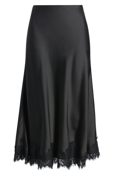 Lace Trim Satin Bias Midi Skirt