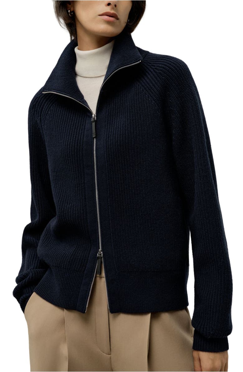 Lilysilk Ribbed-knit Turtleneck Zip Cardigan, Main, color, Navy Blue