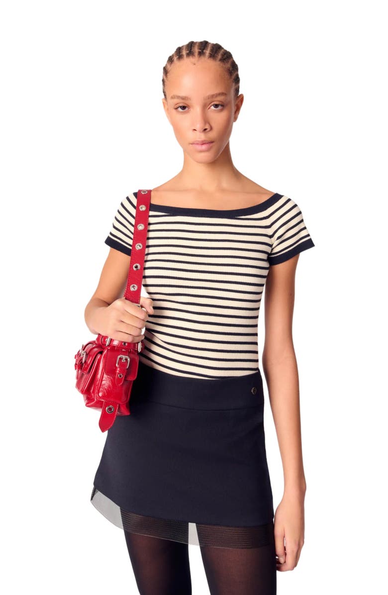 maje Wool blend and tulle skirt, Alternate, color, Navy