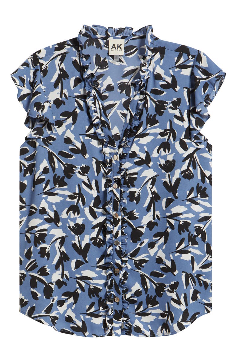 AK ANNE KLEIN Abstract Floral V-Neck Button-Up Knit Top, Alternate, color, Blue Jay Multi