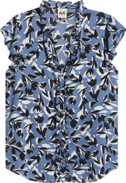 AK ANNE KLEIN Abstract Floral V-Neck Button-Up Knit Top