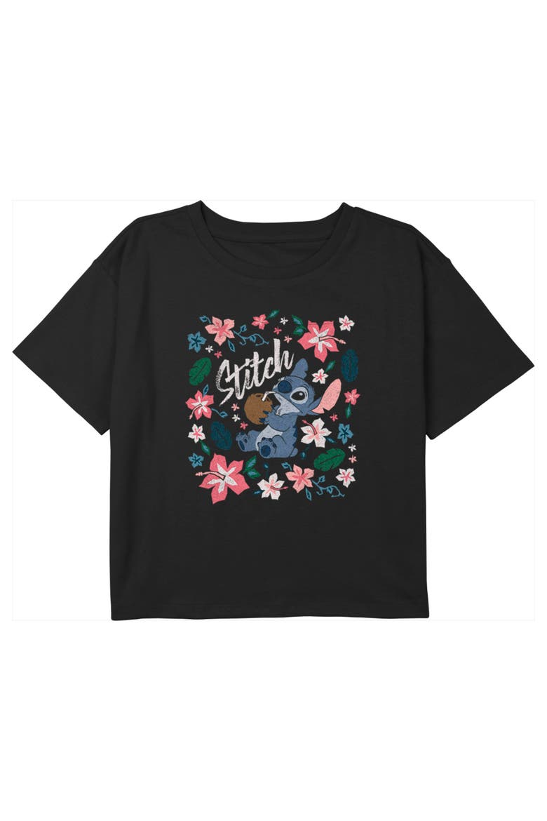 Girls' Floral Poster Graphic Short Sleeve Cropped T-Shirt, Main, color, Black