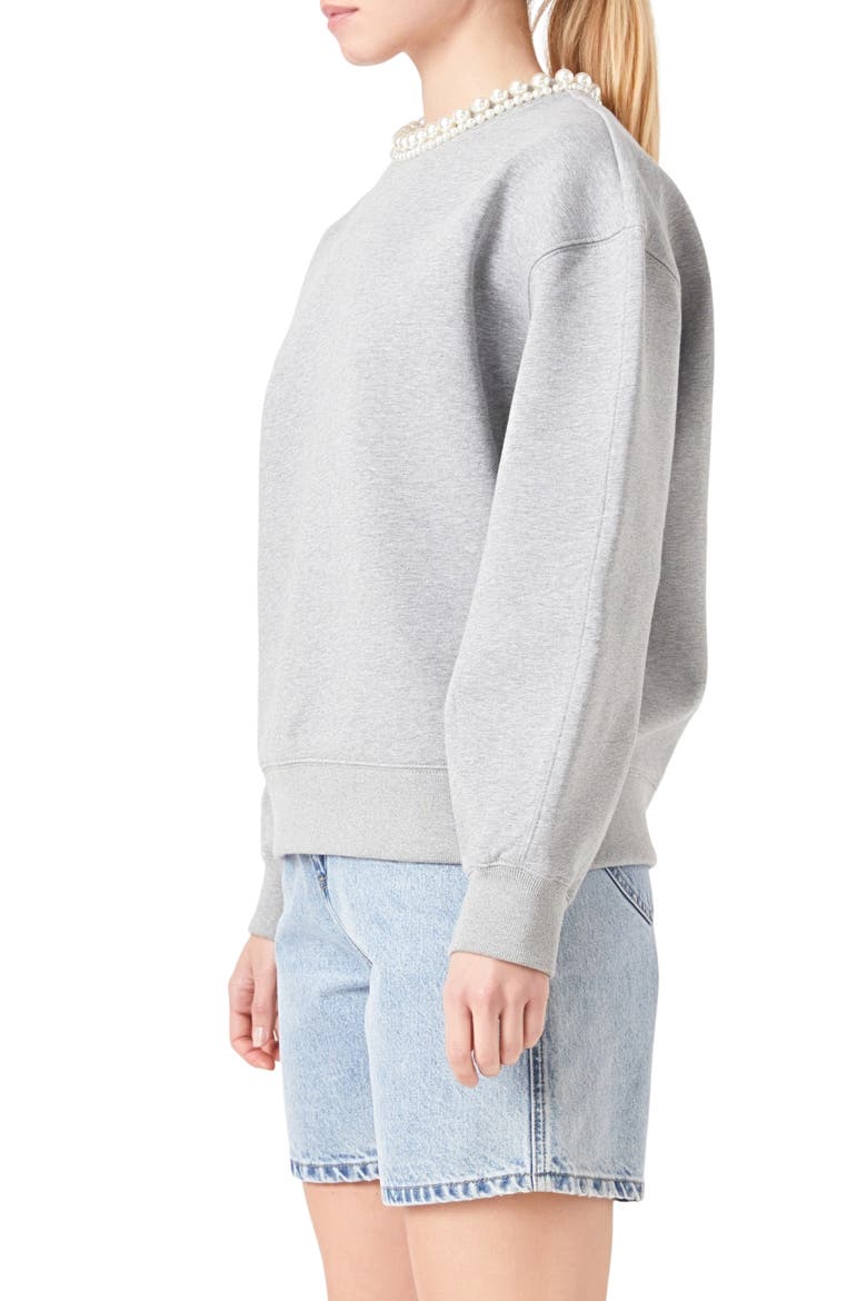 Imitation Pearl Embellished Crewneck Sweatshirt, Alternate, color, GREY