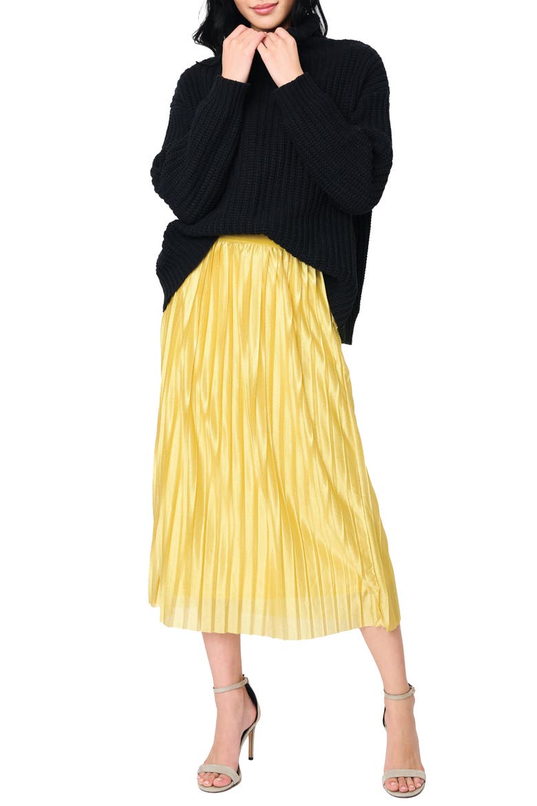 Pleated Satin Midi A-Line Skirt, Alternate, color, GOLD